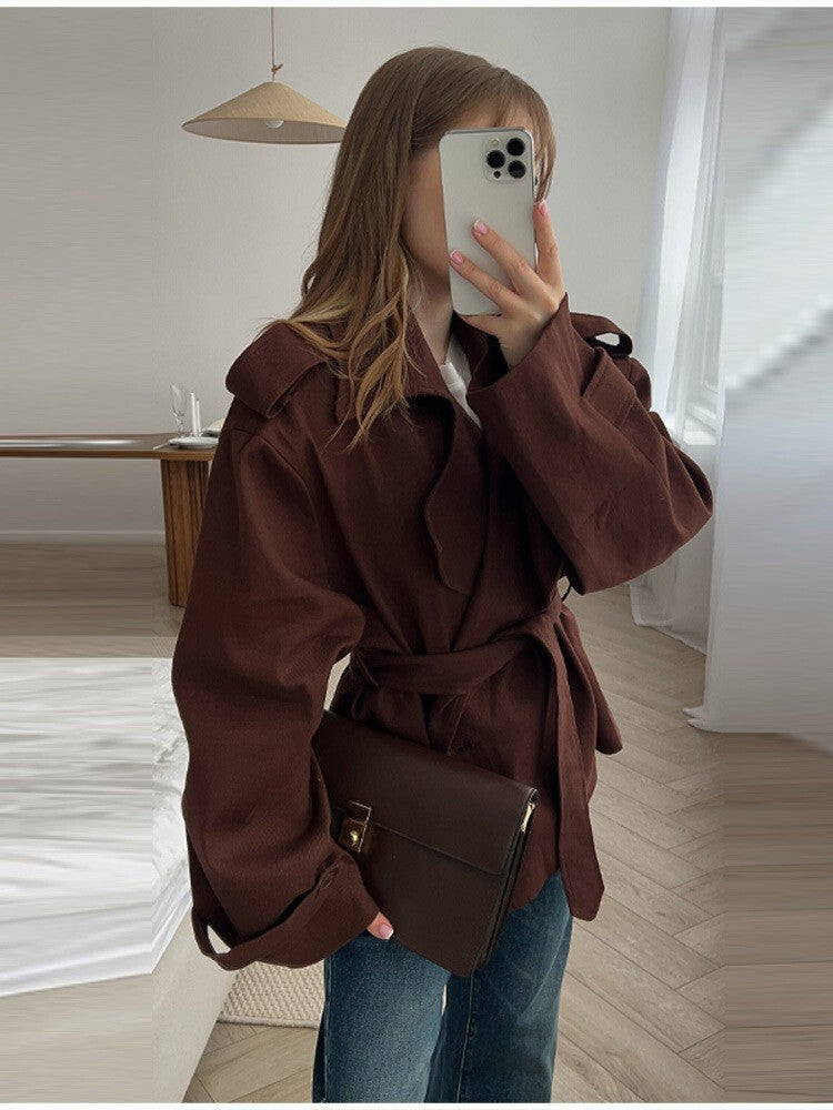 Elegant Tie Waist Short Trench Jacket
