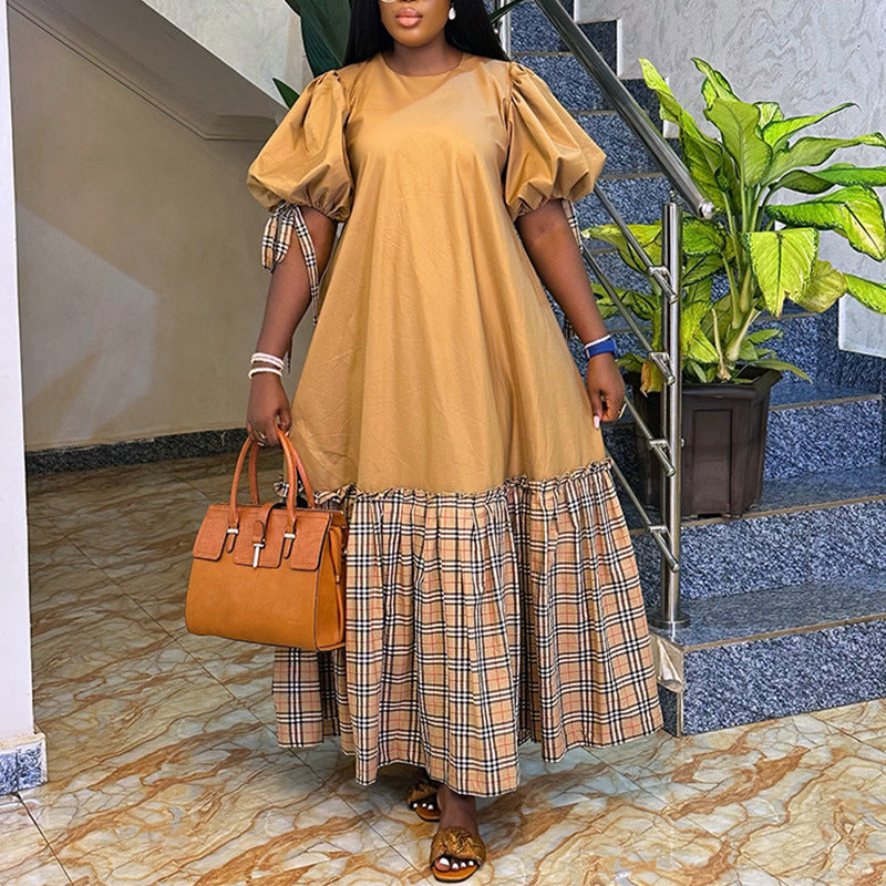 Puff-Sleeve Plaid Patchwork Dress