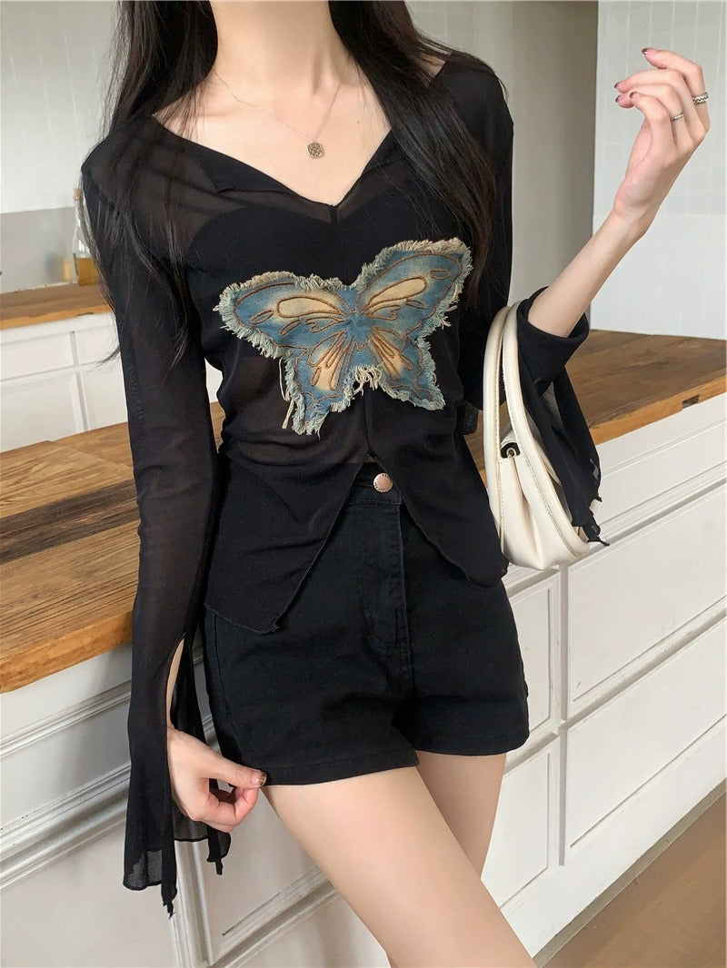 Butterfly Mesh Long Sleeve Blouse