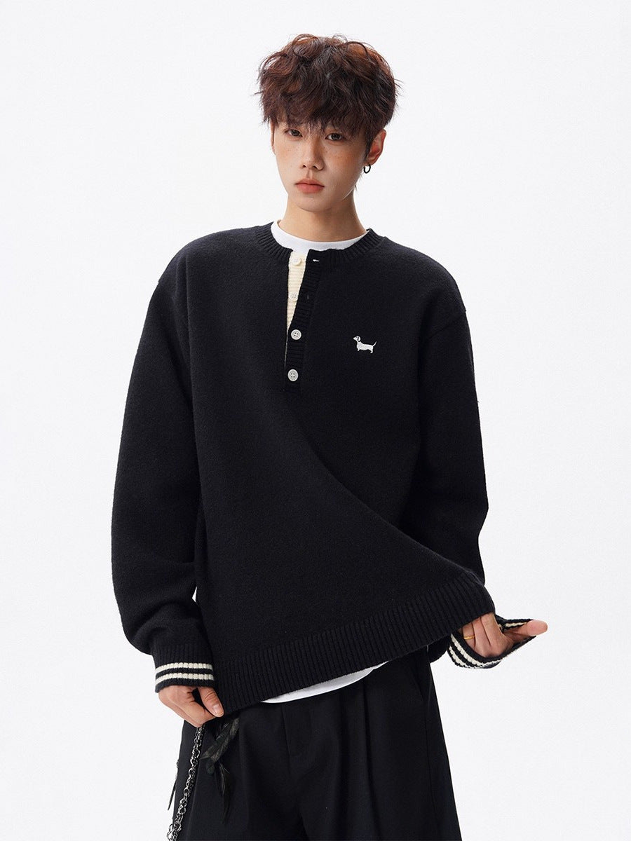 Embroidered Henley Knit Sweater