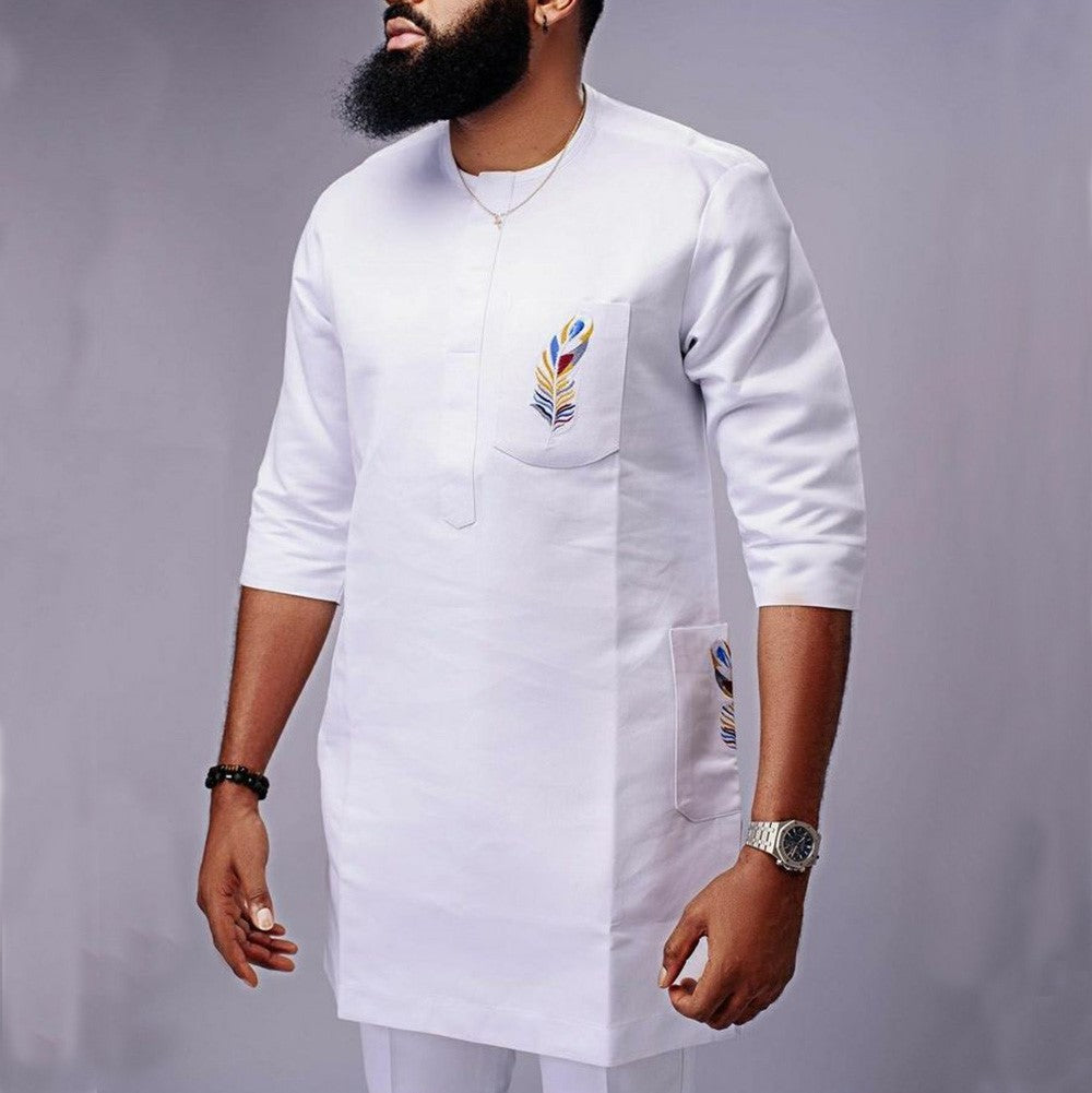 Traditional Muslim African Style Men Wedding New Suit 2 Piece Set Round Neck Long Sleeve Top Plus Pants Foreign Trade