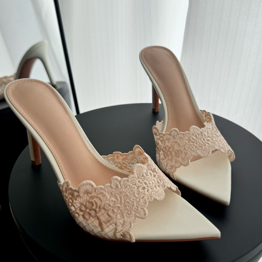 Lace Detail Pointed-Toe Mules