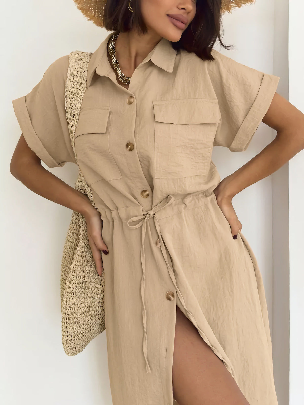 Drawstring Waist Shirt Dress