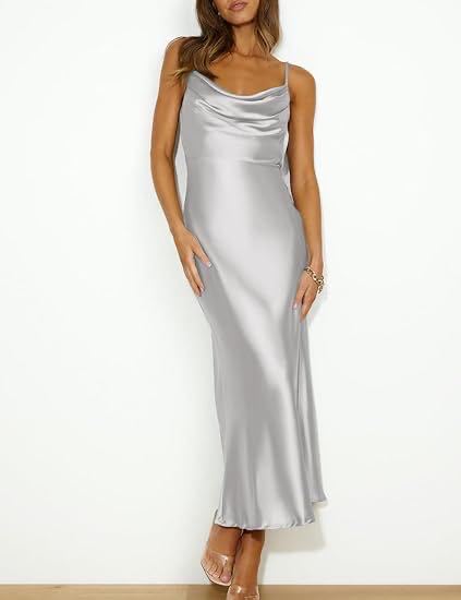 Elegant Satin Cowl Neck Slip Maxi Dress,
