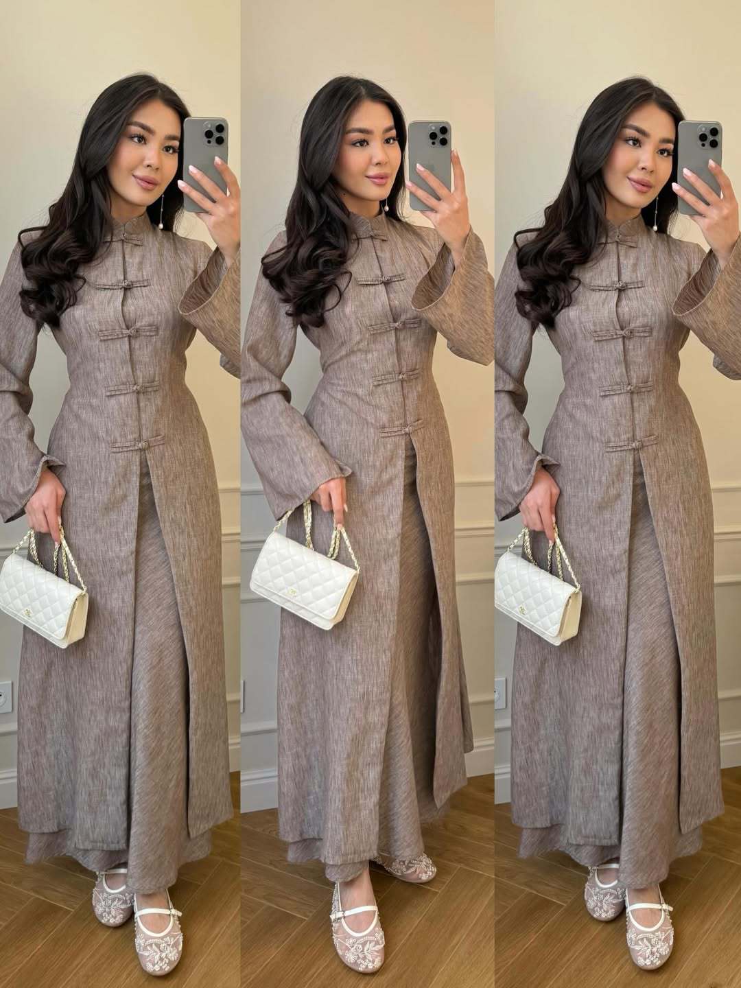 Elegant Traditional Frog Button Long Coat and Skirt Set