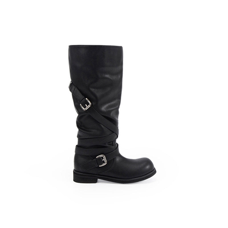 Distressed Buckle Riding Boots
