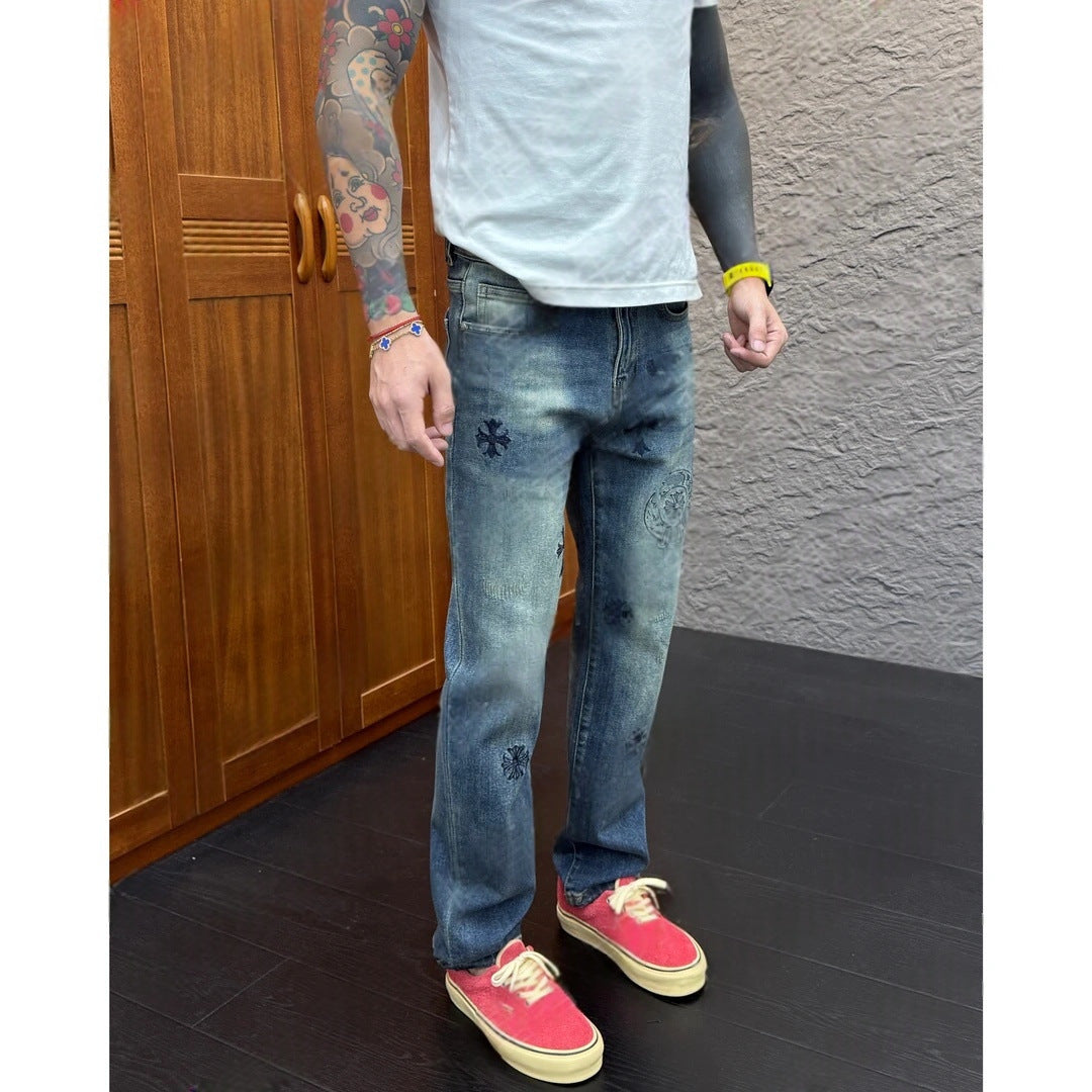 Embroidered Patchwork Straight-Leg Jeans