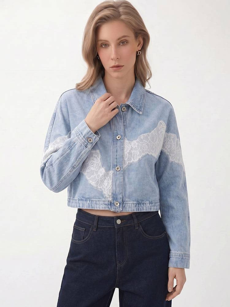 Women's Lace-Panel Cropped Denim Jacket
