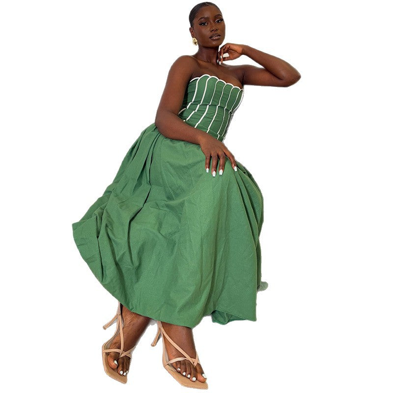 Color-Block Off-Shoulder Pleated Dress