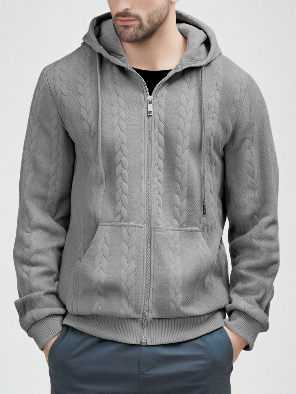 cable-knit full-zip hoodie.