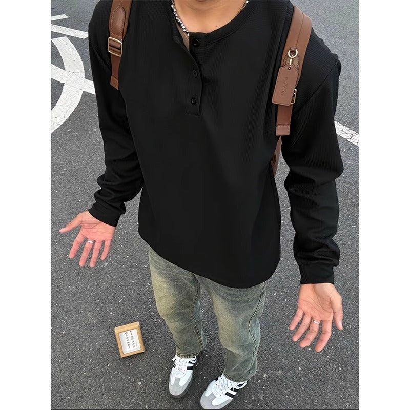 Ribbed Henley Long Sleeve T-Shirt