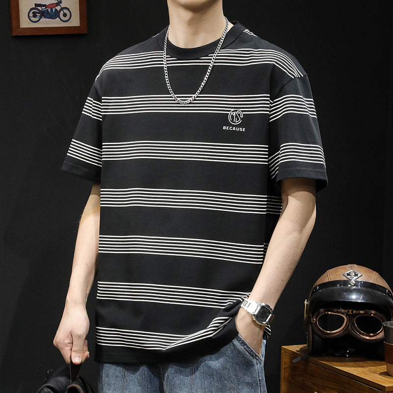 Black striped short sleeve t-shirt men's clothes summer 2025 new loose plus size trendy brand men's heavy body shirt