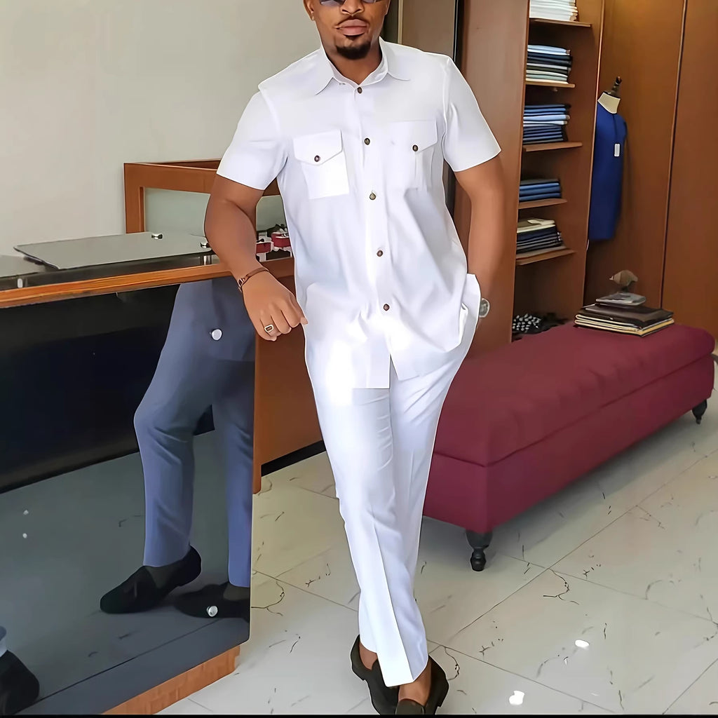Traditional Muslim African Style Men Wedding New Suit 2 Piece Set Round Neck Long Sleeve Top Plus Pants Foreign Trade