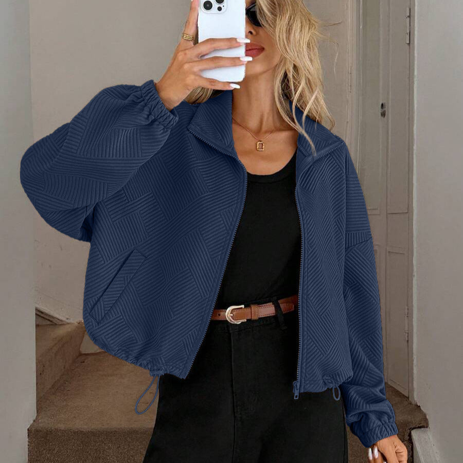 Textured High Neck Drawstring Jacket