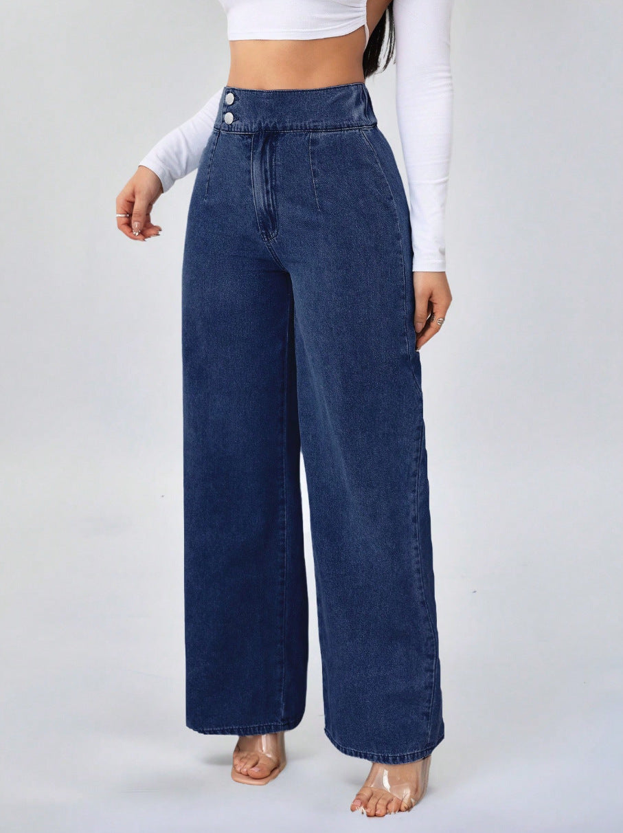 Button-Detail High-Waist Wide-Leg Jeans