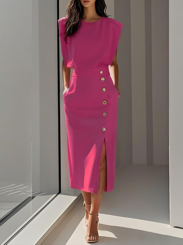 Elegant Button Detail Slit Midi Set