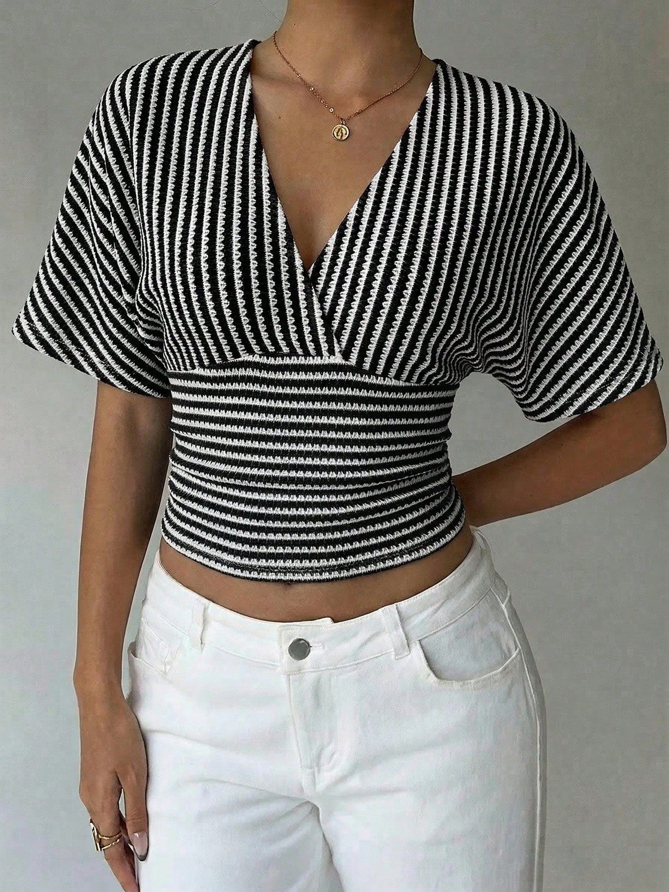 Striped V Neck Batwing Sleeve Wrap Top