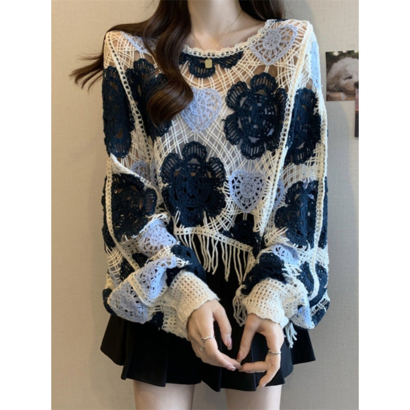 Vintage French fringed crochet sweater women's summer plus size fat high-end loose temperament slim long-sleeved top