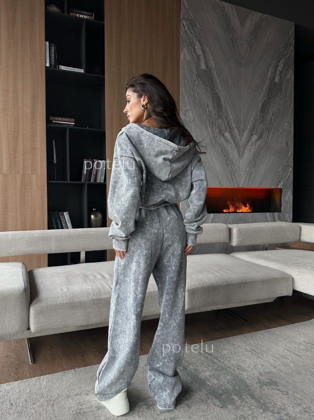 Acid Wash Zip Up Hoodie and Wide Leg Sweatpants Set