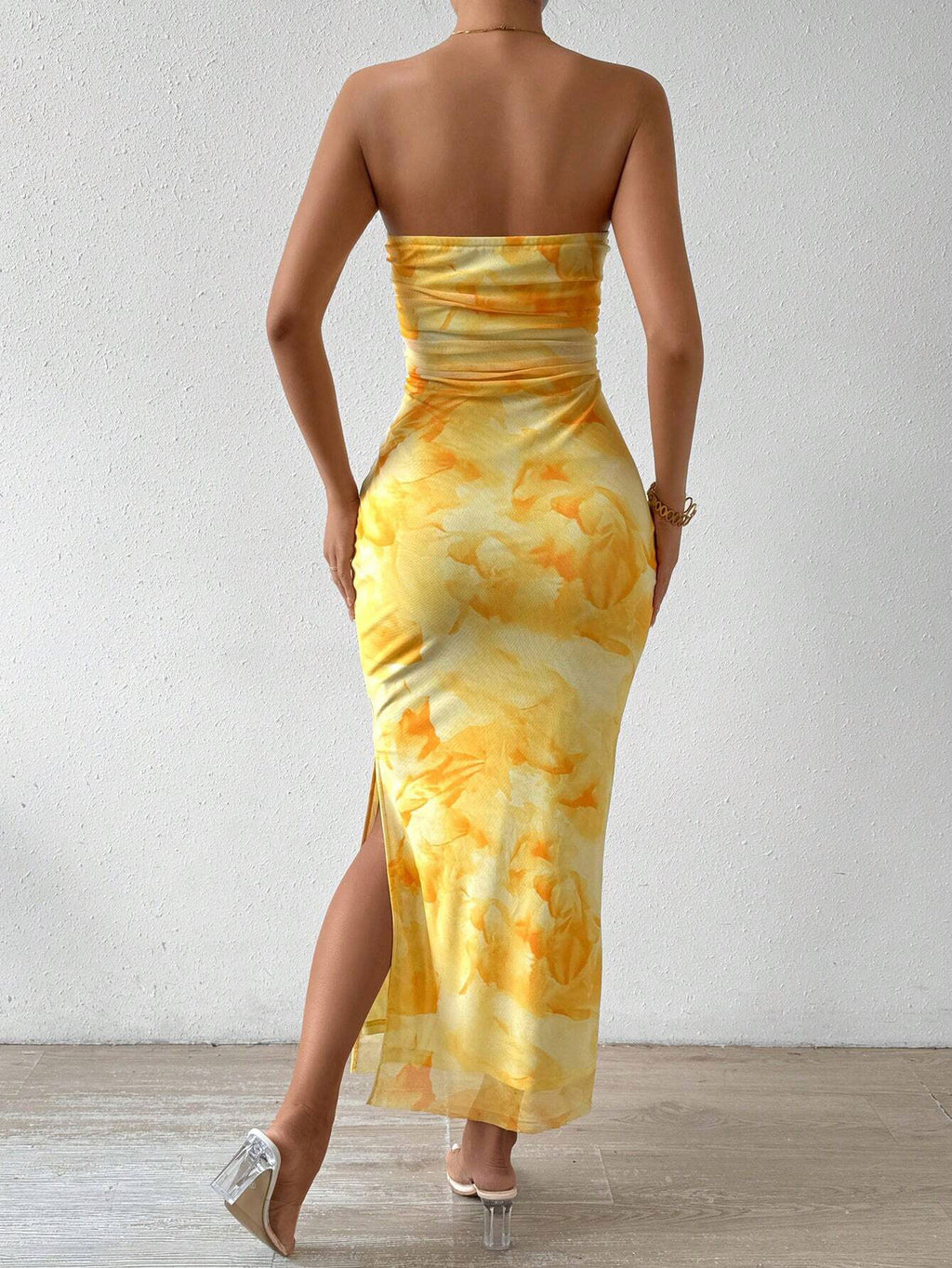 Printed Strapless Slit Dress