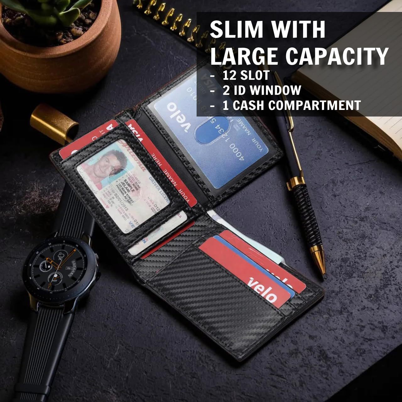 Cross-border wallet, RFID anti-theft brush, multi-functional business wallet, three-fold multi-card slot, full carbon fiber pattern men's wallet