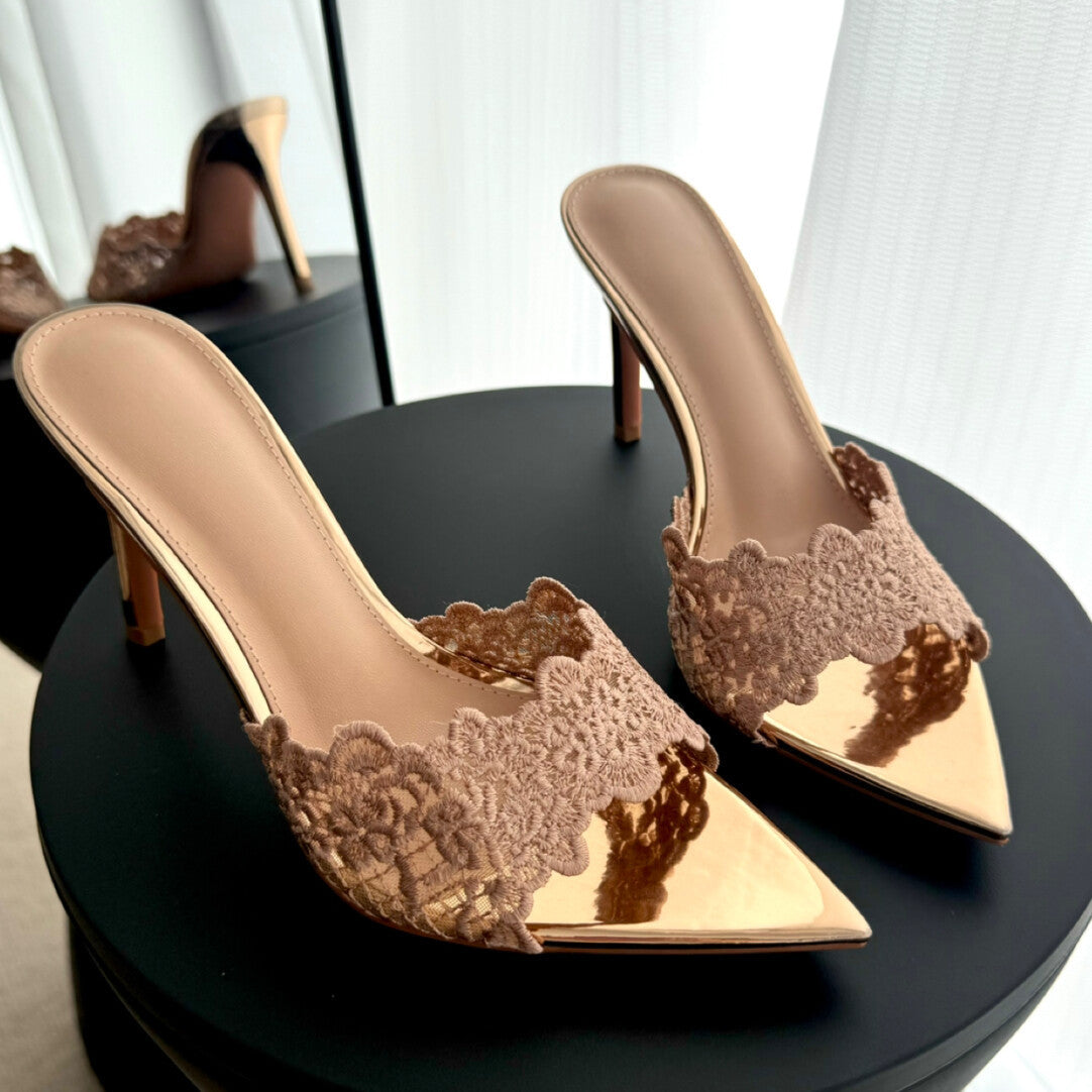 Lace Detail Pointed-Toe Mules