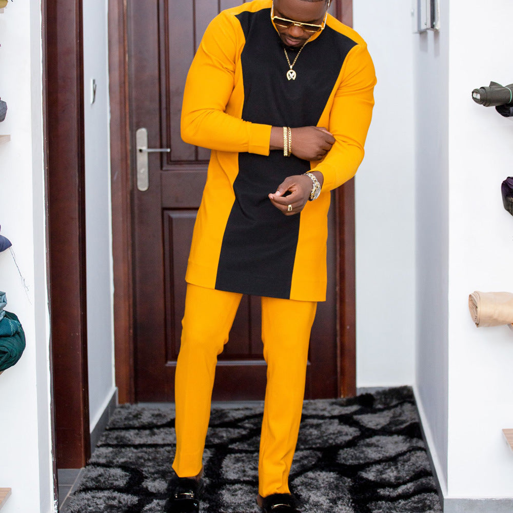 Traditional Muslim African Style Men Wedding New Suit 2 Piece Set Round Neck Long Sleeve Top Plus Pants Foreign Trade