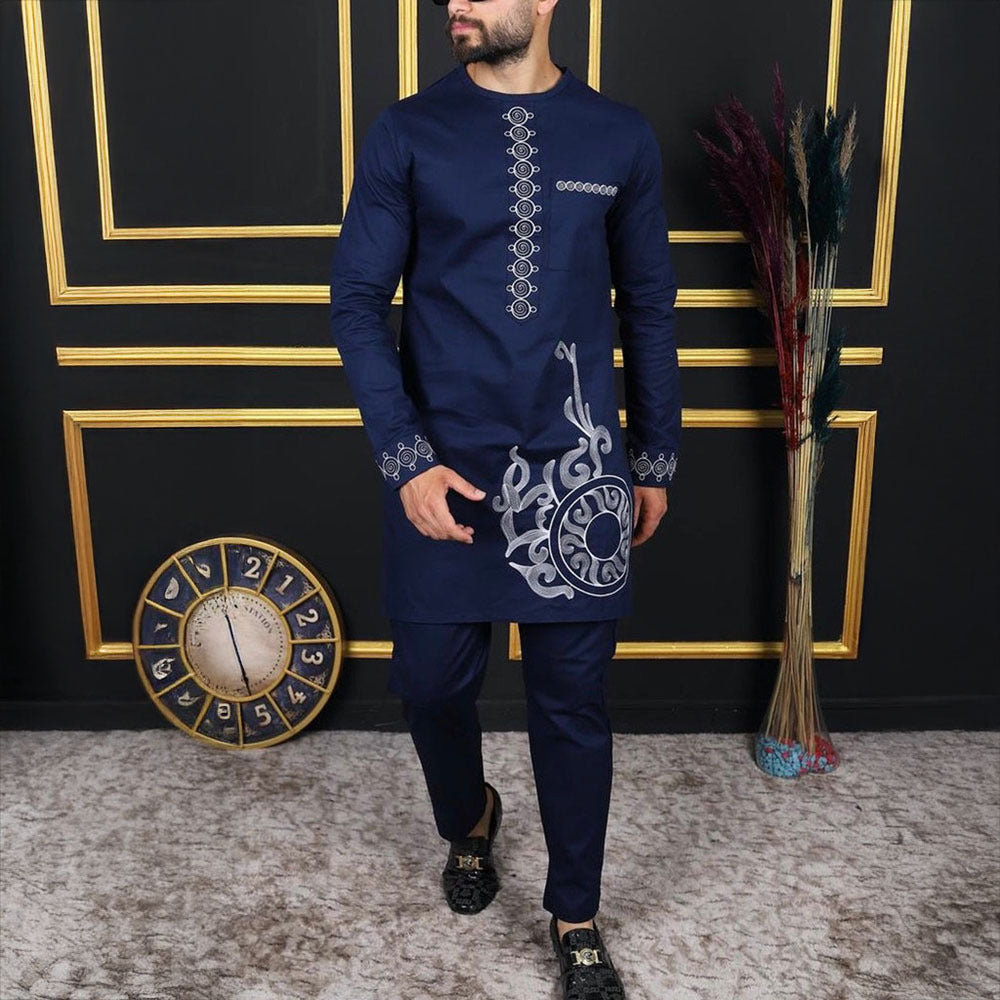 Traditional Muslim African Style Men Wedding New Suit 2 Piece Set Round Neck Long Sleeve Top Plus Pants Foreign Trade