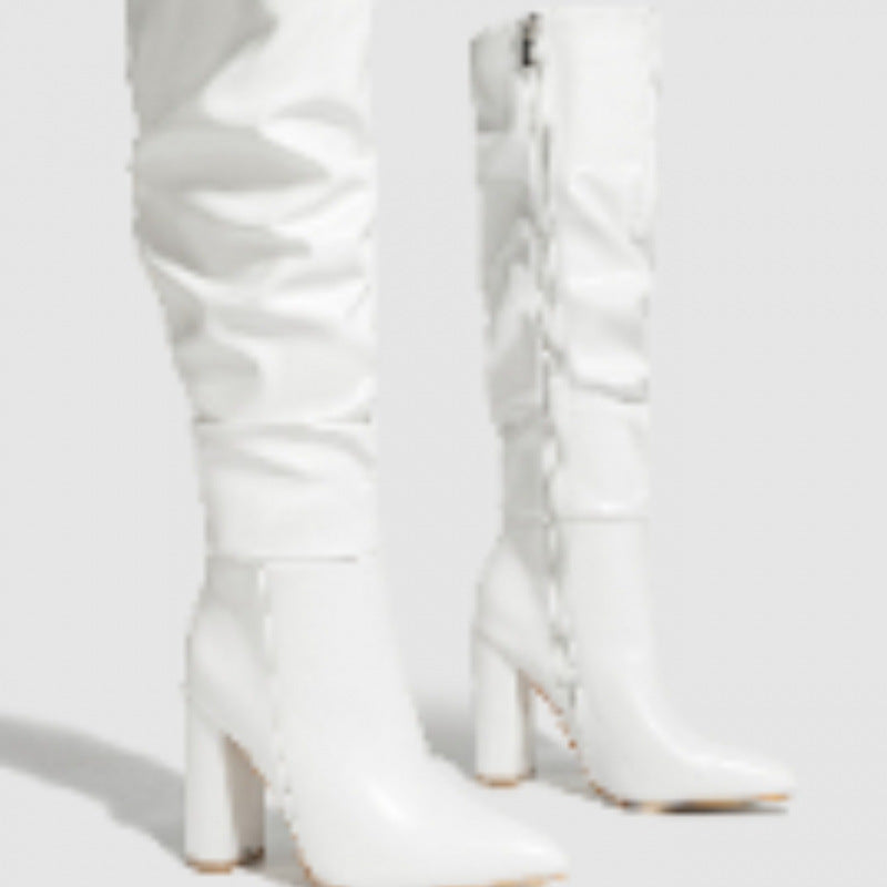 Wrinkled Pointed-Toe Block-Heel Tall Boots