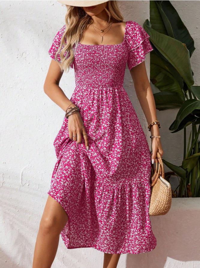 Floral Smocked Square-Neck Midi Dress