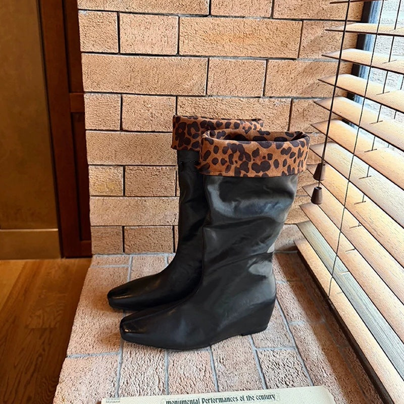 Cuffed Leather Mid-Calf Boots