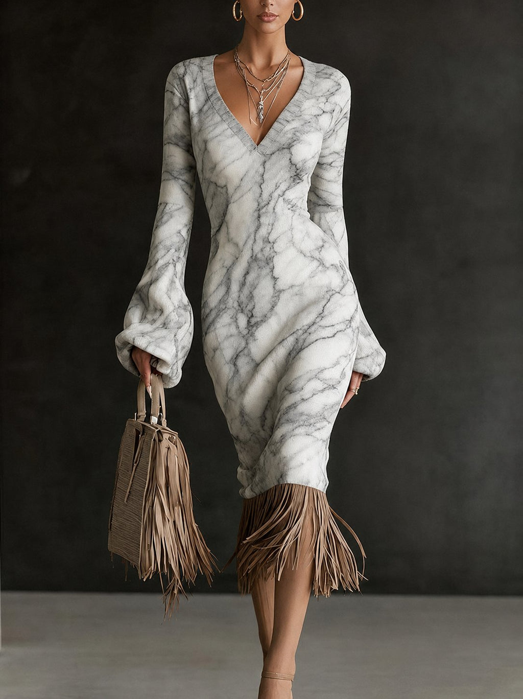 Printed Fringe Knit Dress