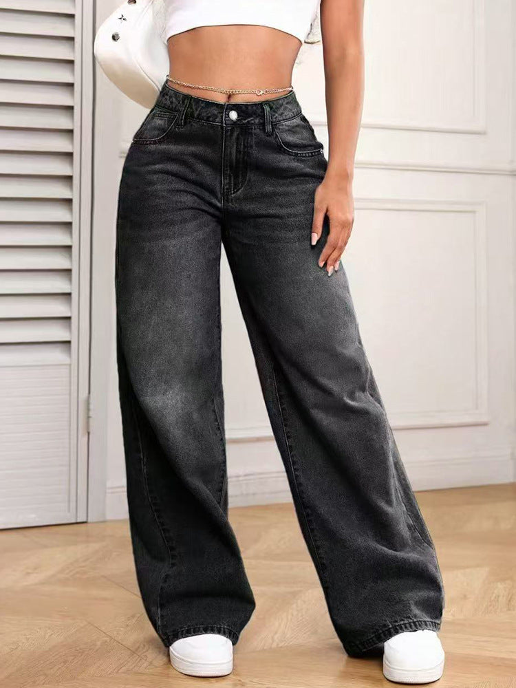 High Waist Wide Leg Straight Denim Pants
