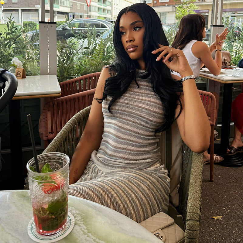 Sleeveless Striped Top & Slit Skirt Set