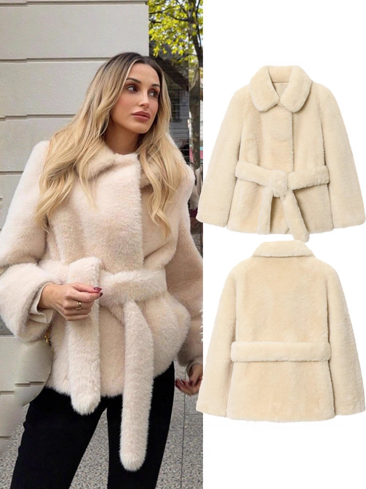 Women's Belted Faux Fur Wrap Coat