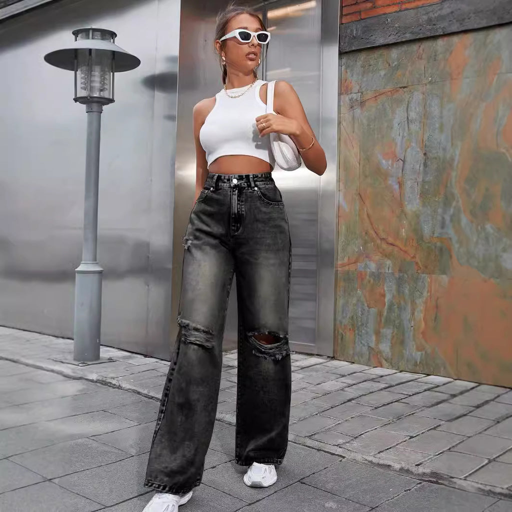 Ripped High-Waist Wide-Leg Jeans