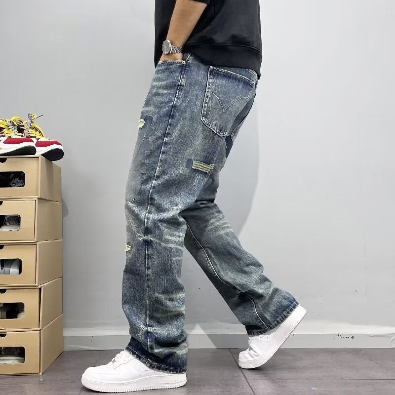 Distressed Patchwork Straight-Leg Jeans