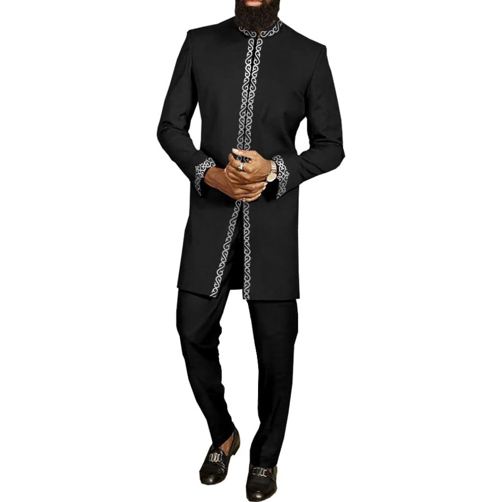 Traditional Muslim African Style Men Wedding New Suit 2 Piece Set Round Neck Long Sleeve Top Plus Pants Foreign Trade