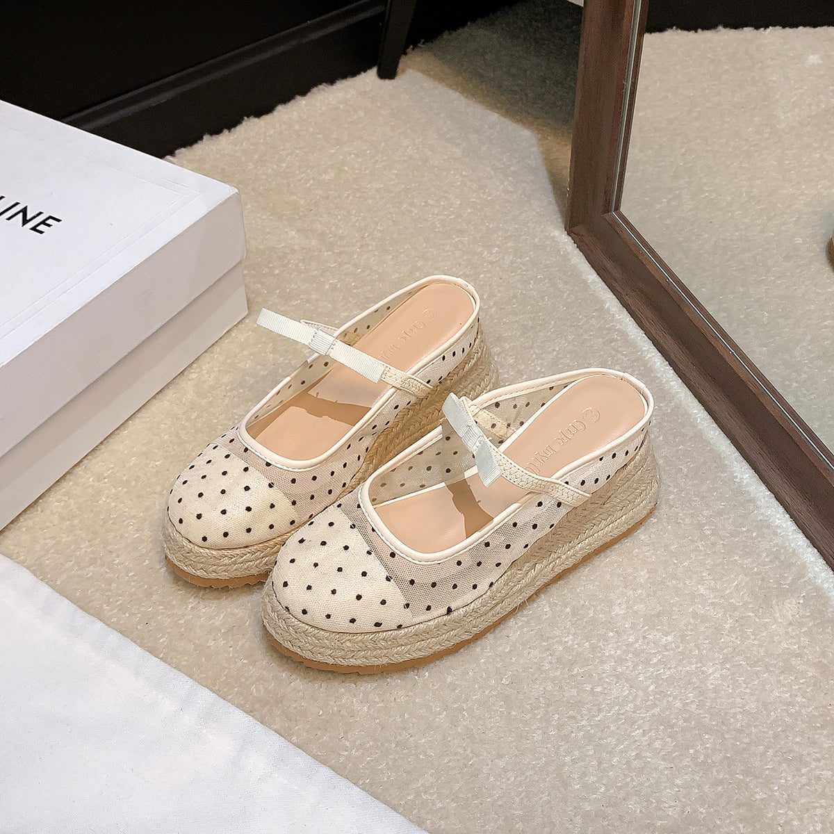 Polka-Dot Mesh Wedge Mules