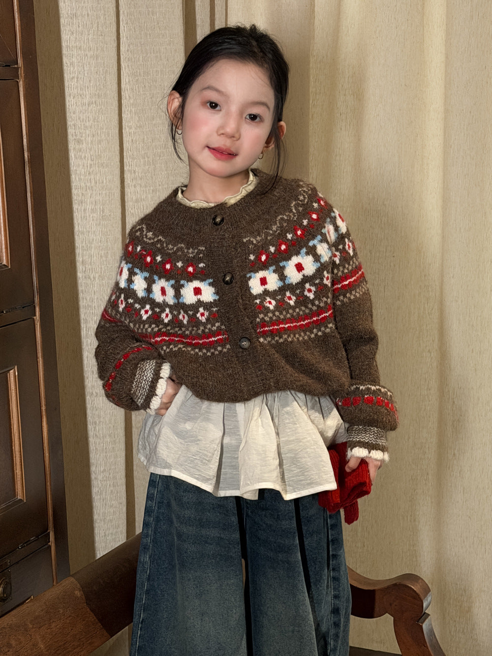 Girls' Floral Fair-Isle Knit Cardigan