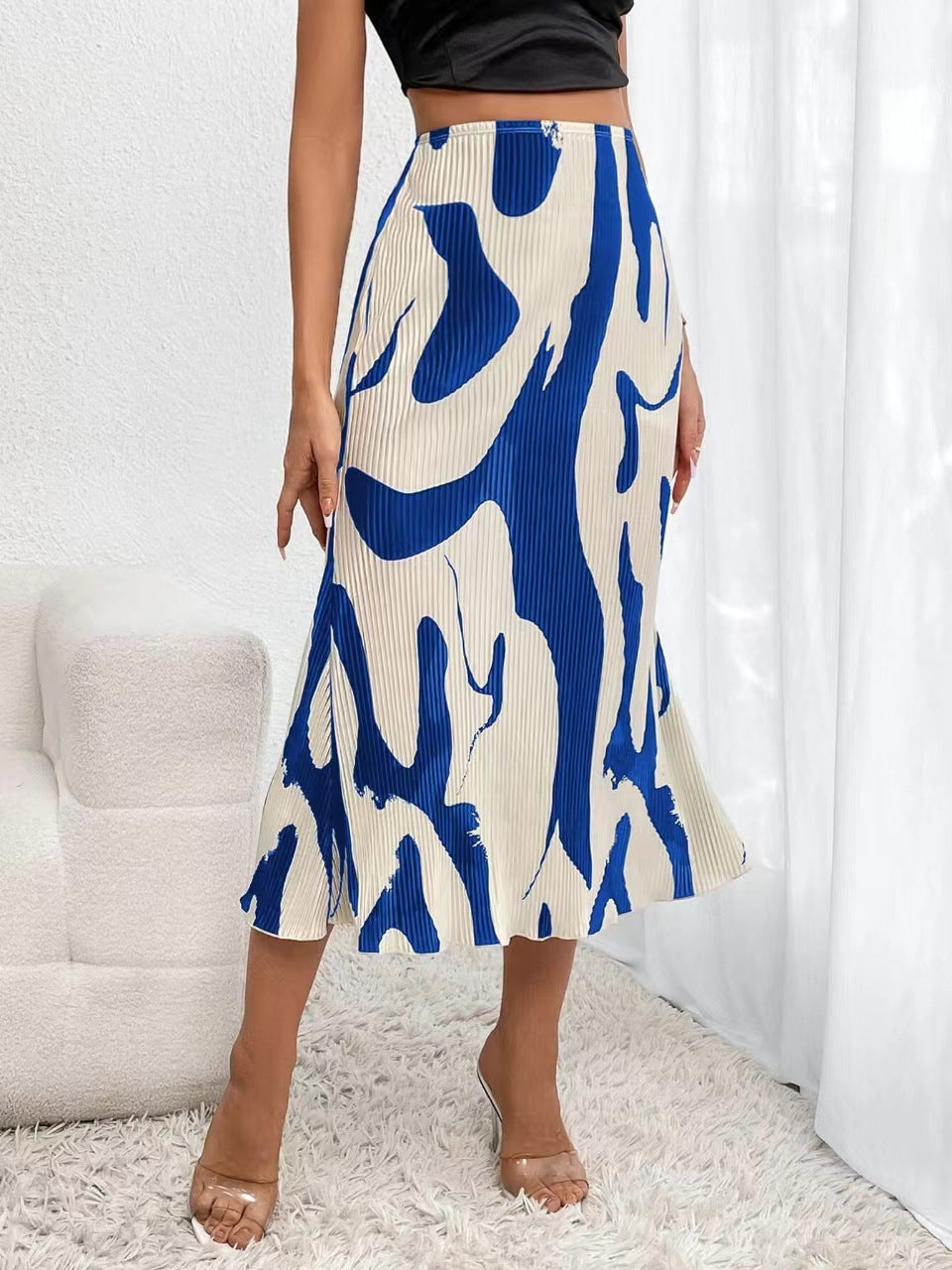 Abstract Print Pleated Midi Skirt