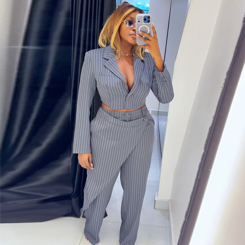 V-Neck Blazer & Striped Pants Set