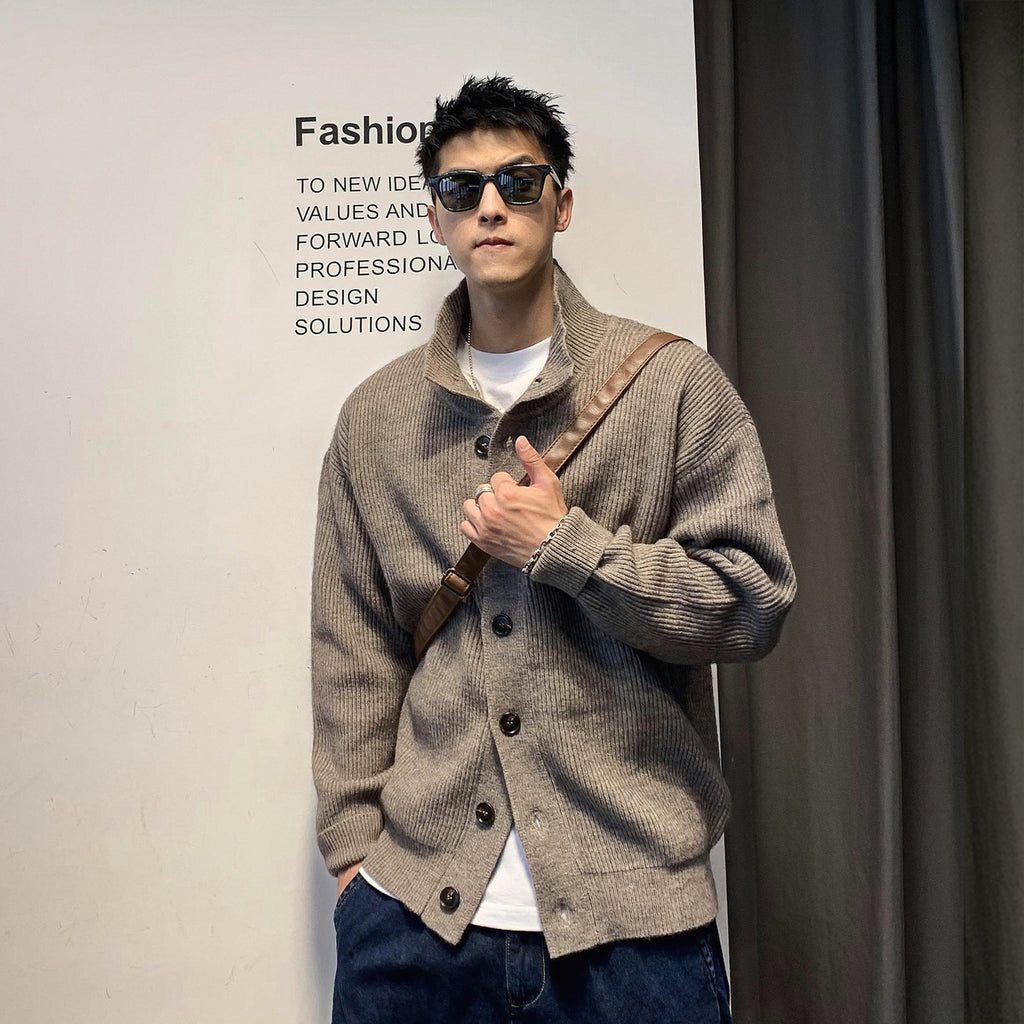 Ribbed Mock-Neck Buttoned Cardigan