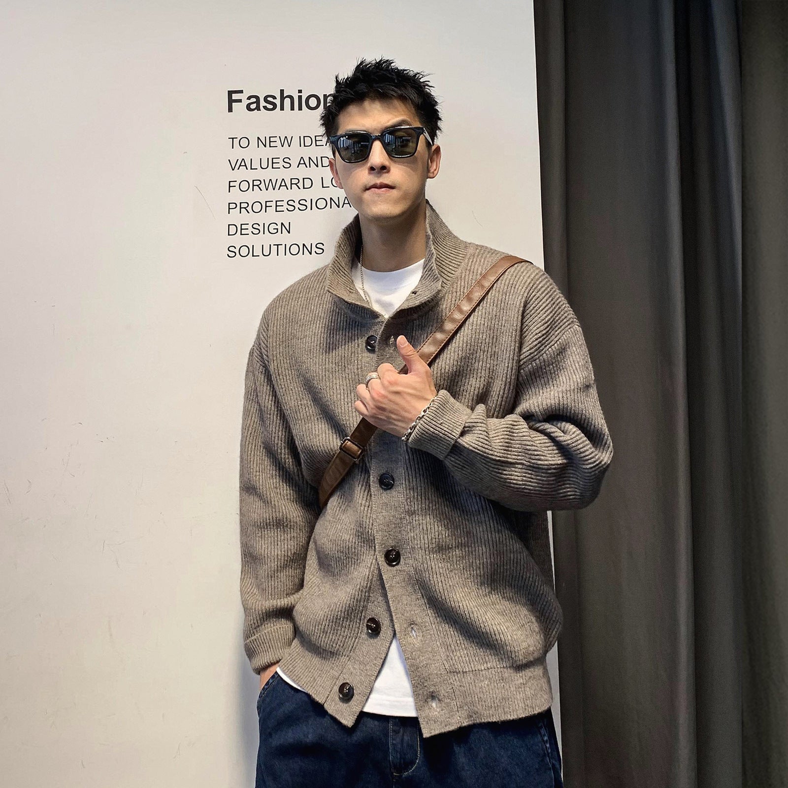 Ribbed Mock-Neck Buttoned Cardigan