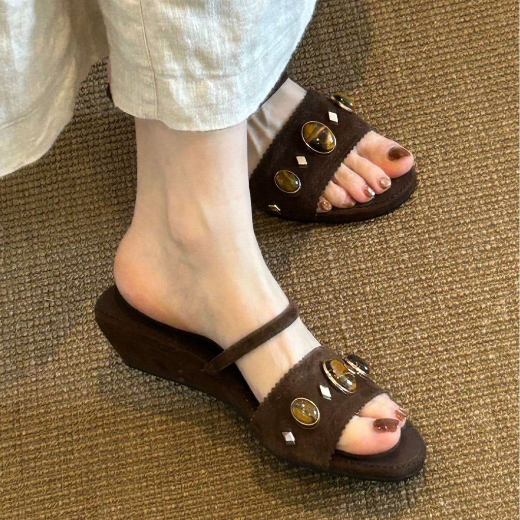 Gemstone Leather Wedge Slides