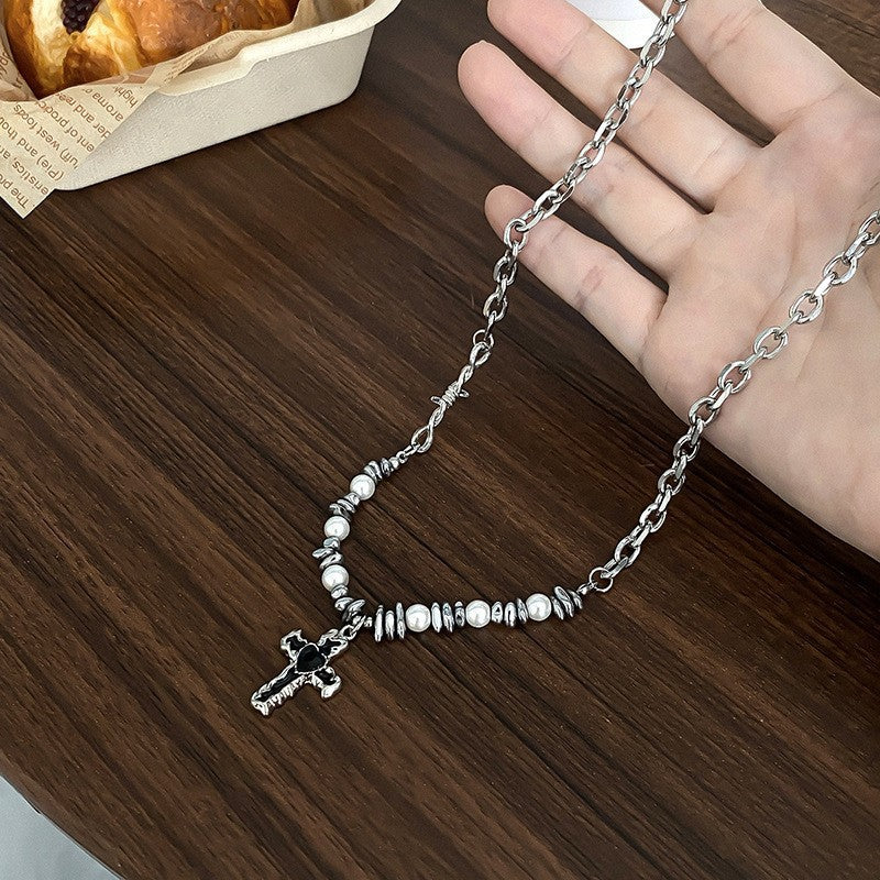 New 2025 pearl special-shaped stone splicing cross necklace versatile personality collarbone niche design for men and women hip-hop