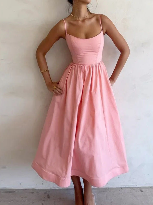 Pleated U-Neck Strap Dress