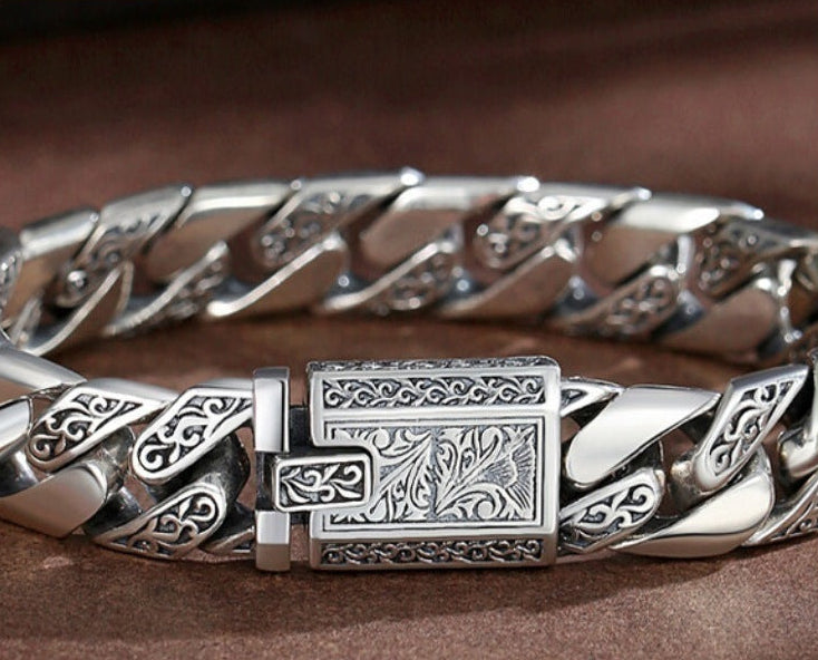 Floral Engraved Cuban Link Bracelet