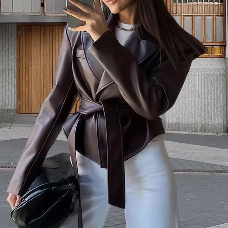 Elegant Faux Leather Wrap Blazer