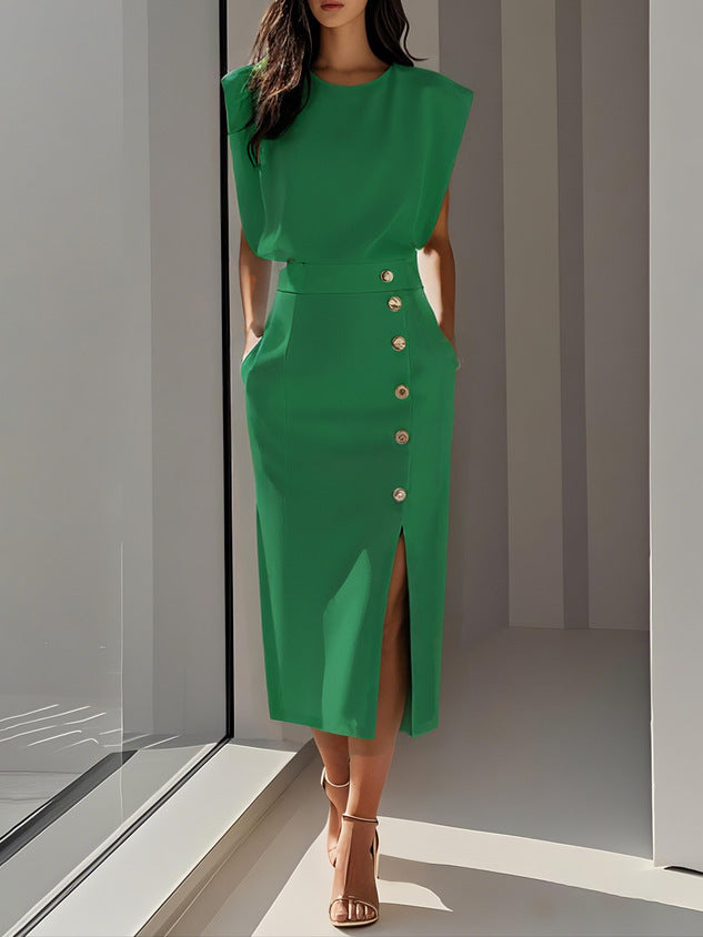 Elegant Button Detail Slit Midi Set